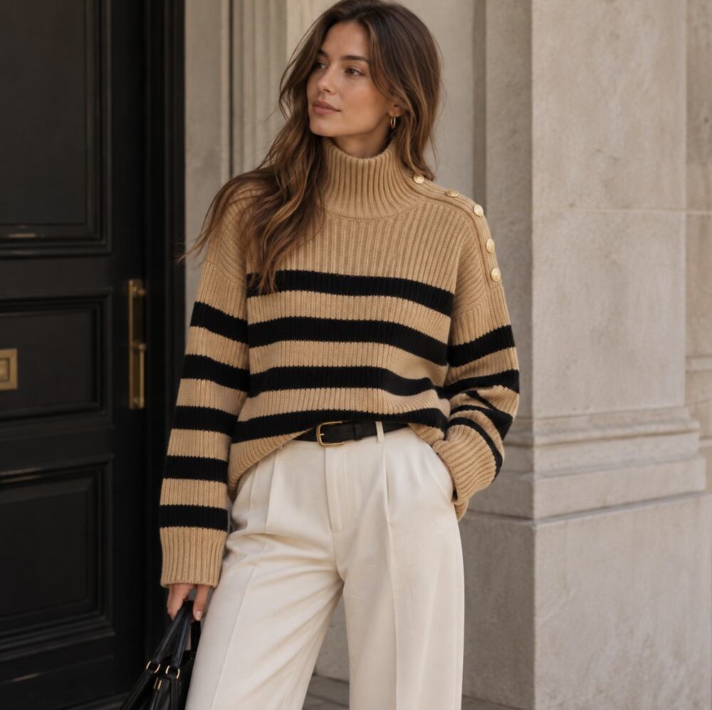 COS Stripe Button Shoulder Mock Neck Wool Sweater Tan Black Sz S $135 {288}